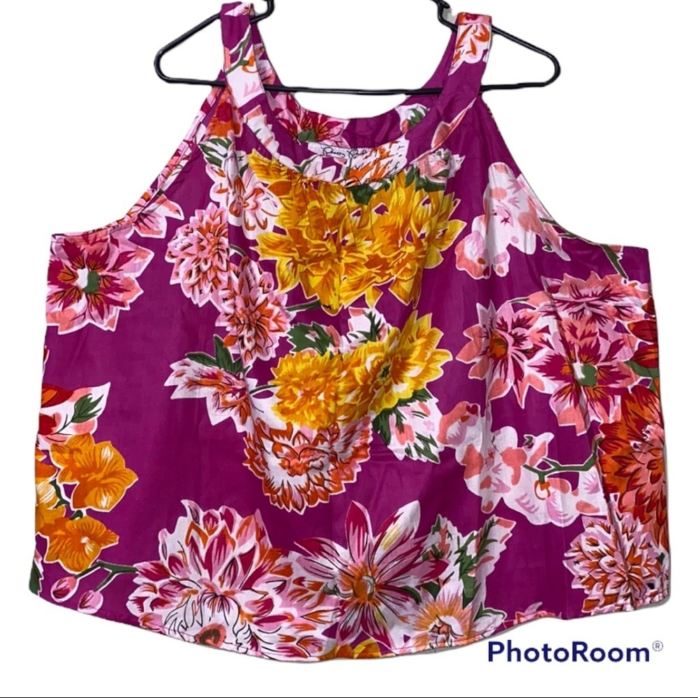 Pretty Pink 2X sleeveless floral print tank colorful halter neck plus fuchsia